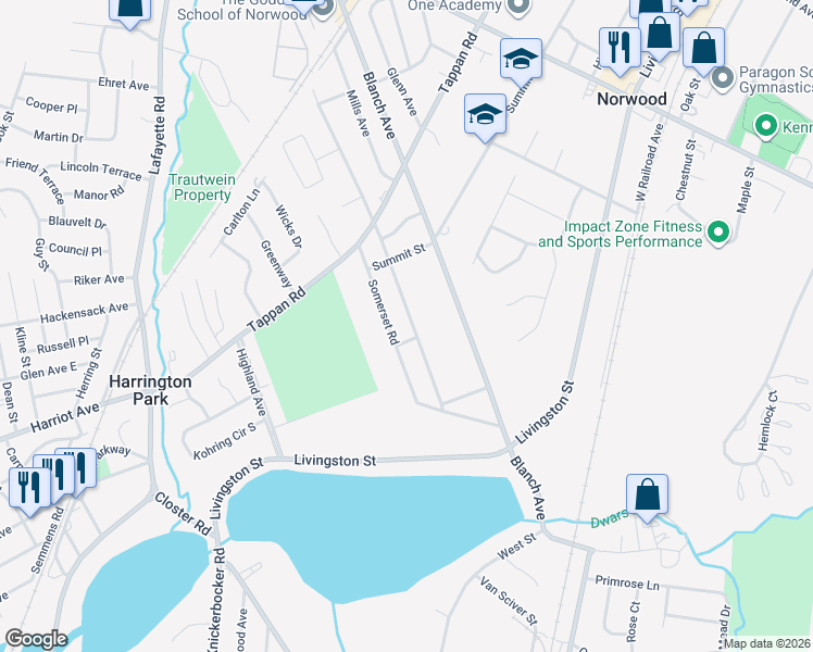 map of restaurants, bars, coffee shops, grocery stores, and more near 62 Kensington Avenue in Norwood