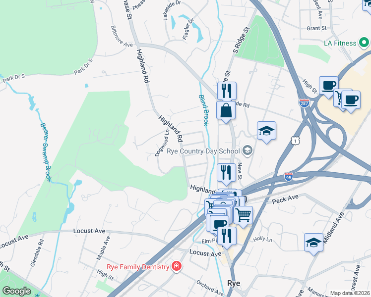 map of restaurants, bars, coffee shops, grocery stores, and more near 2 Onondaga Street in Rye