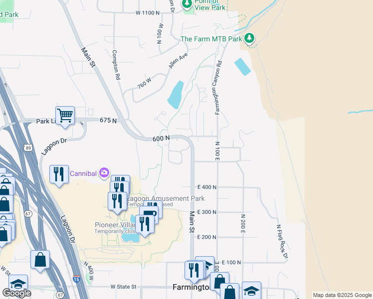 map of restaurants, bars, coffee shops, grocery stores, and more near West 550 North in Farmington