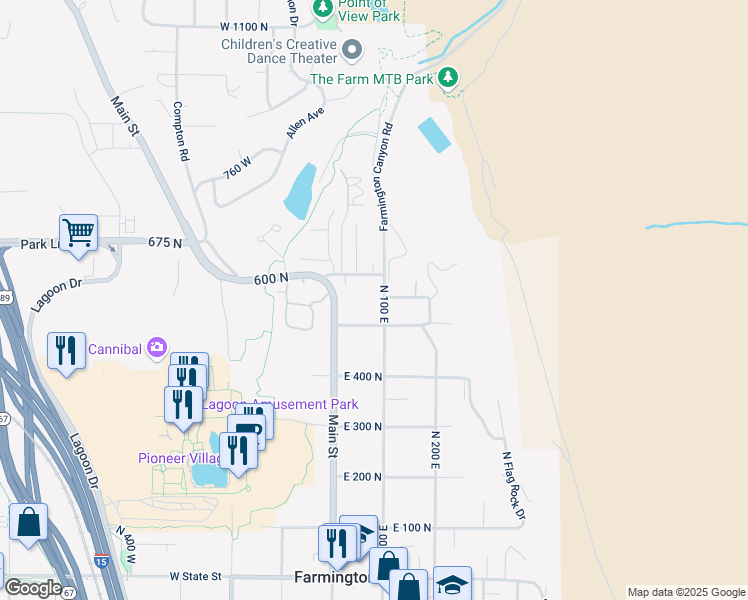 map of restaurants, bars, coffee shops, grocery stores, and more near 49 East 500 North in Farmington