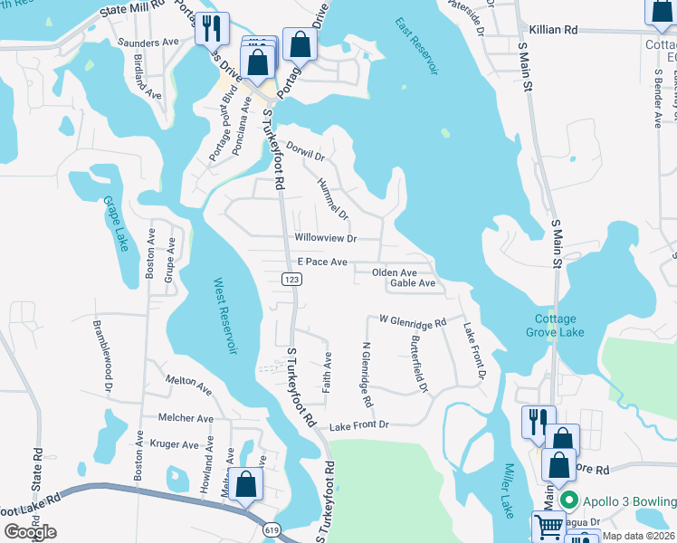 map of restaurants, bars, coffee shops, grocery stores, and more near 315 East Pace Avenue in Akron