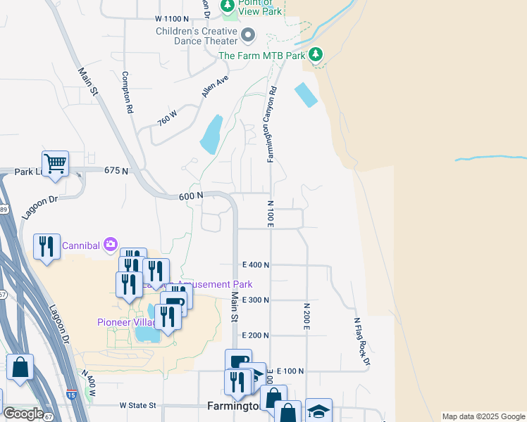 map of restaurants, bars, coffee shops, grocery stores, and more near 49 East 500 North in Farmington