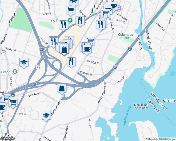 map of restaurants, bars, coffee shops, grocery stores, and more near 48 Cottage Street in Port Chester