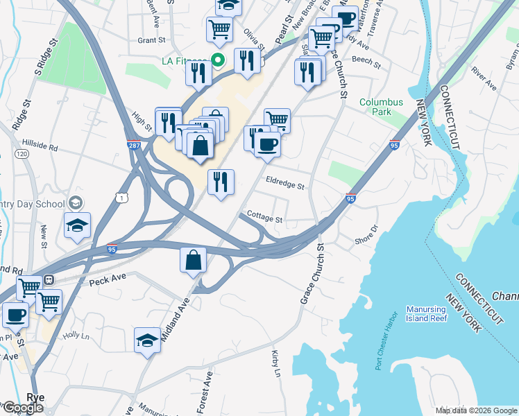 map of restaurants, bars, coffee shops, grocery stores, and more near 48 Cottage Street in Port Chester