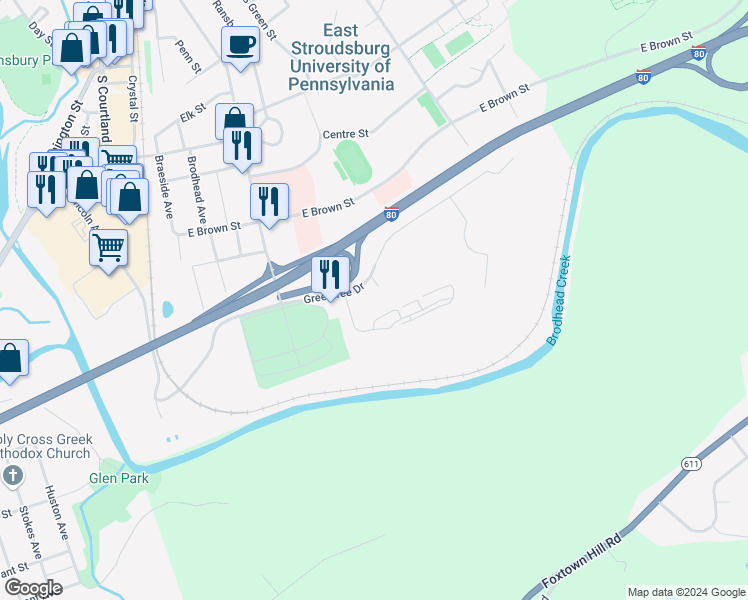 map of restaurants, bars, coffee shops, grocery stores, and more near 17 Parish Park in East Stroudsburg