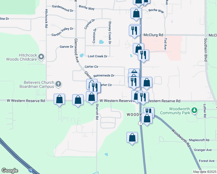 map of restaurants, bars, coffee shops, grocery stores, and more near 160 West Western Reserve Road in Youngstown