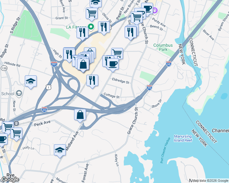 map of restaurants, bars, coffee shops, grocery stores, and more near 48 Cottage Street in Port Chester
