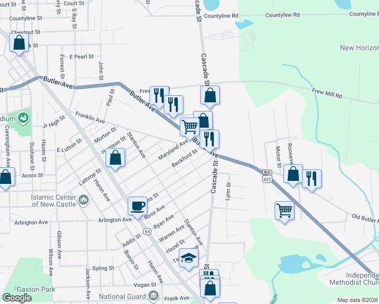 map of restaurants, bars, coffee shops, grocery stores, and more near 1049 Beckford Street in New Castle