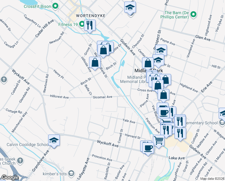 map of restaurants, bars, coffee shops, grocery stores, and more near 48 Sicomac Avenue in Midland Park