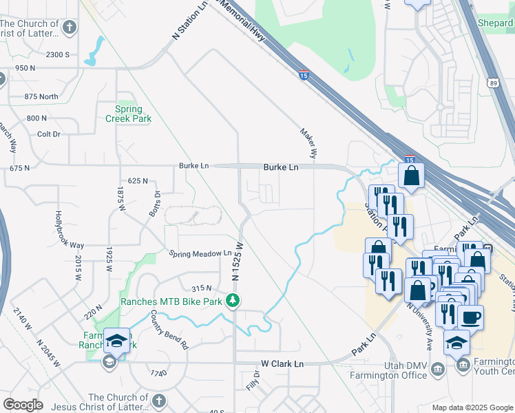 map of restaurants, bars, coffee shops, grocery stores, and more near 572 North 1525 West in Farmington