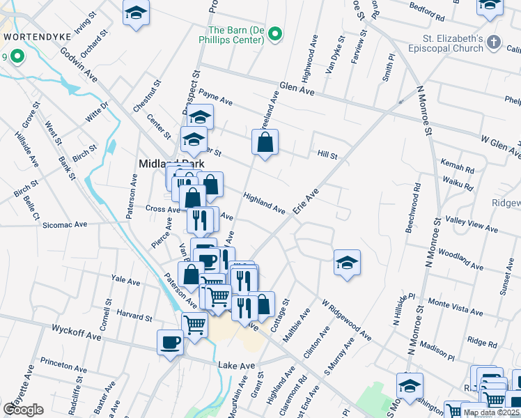 map of restaurants, bars, coffee shops, grocery stores, and more near 124 Franklin Avenue in Midland Park