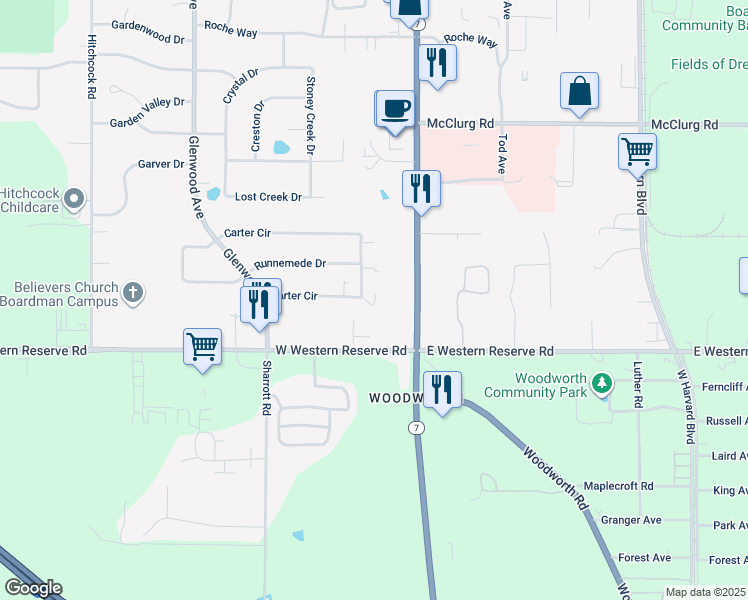map of restaurants, bars, coffee shops, grocery stores, and more near 8578 Market Street in Youngstown