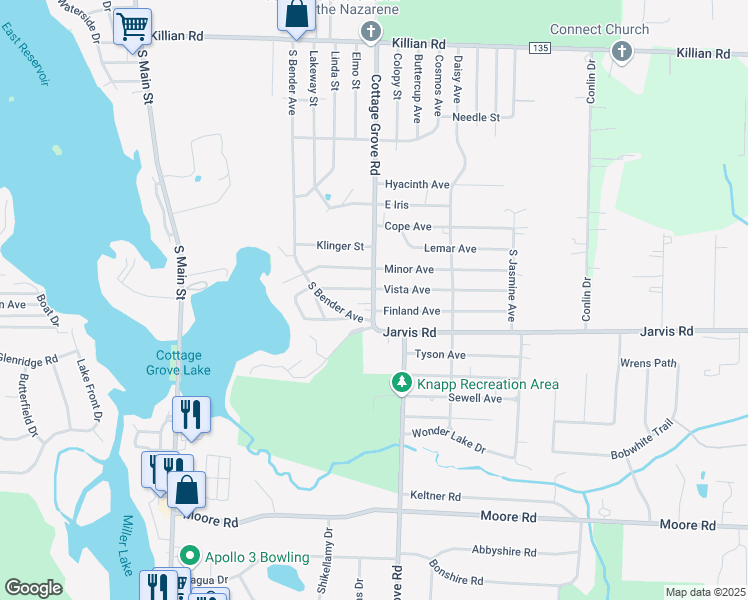 map of restaurants, bars, coffee shops, grocery stores, and more near 3431 Cottage Grove Road in Akron
