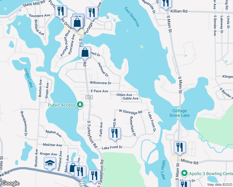 map of restaurants, bars, coffee shops, grocery stores, and more near 3725 Rome Drive in Portage Lakes