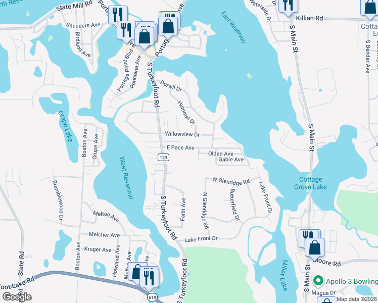 map of restaurants, bars, coffee shops, grocery stores, and more near 315 East Pace Avenue in Akron