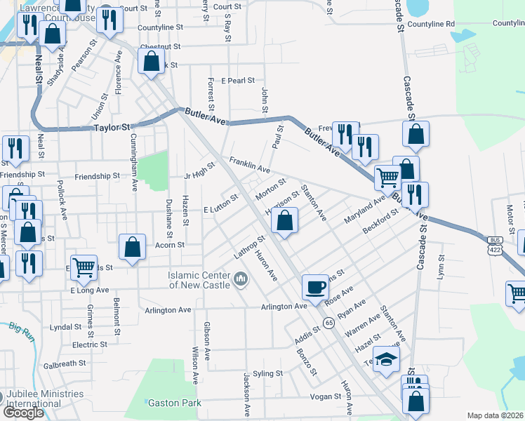 map of restaurants, bars, coffee shops, grocery stores, and more near 1102 East Washington Street in New Castle
