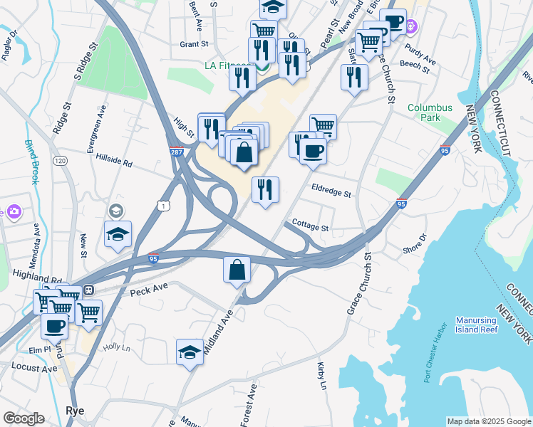 map of restaurants, bars, coffee shops, grocery stores, and more near 631 Midland Avenue in Rye