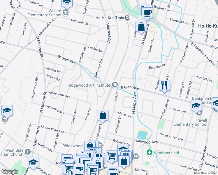 map of restaurants, bars, coffee shops, grocery stores, and more near 4 West Glen Avenue in Ridgewood