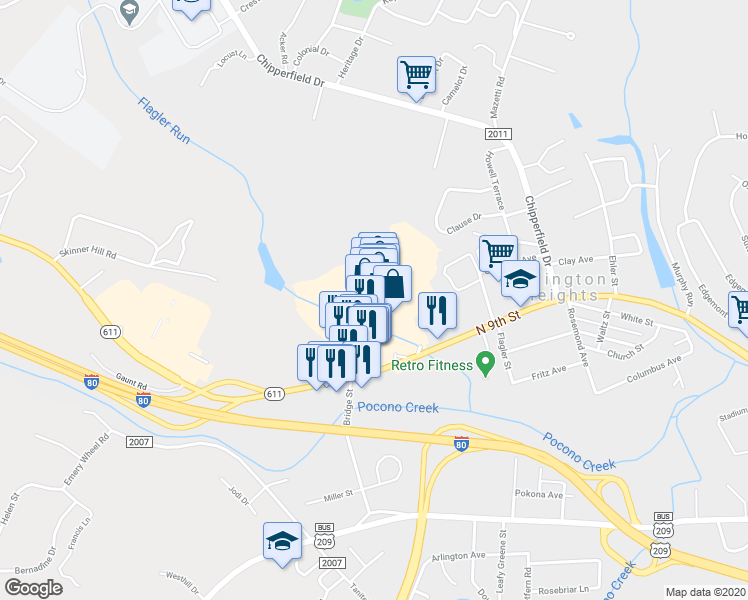 map of restaurants, bars, coffee shops, grocery stores, and more near 344 Stroud Mall in Stroudsburg