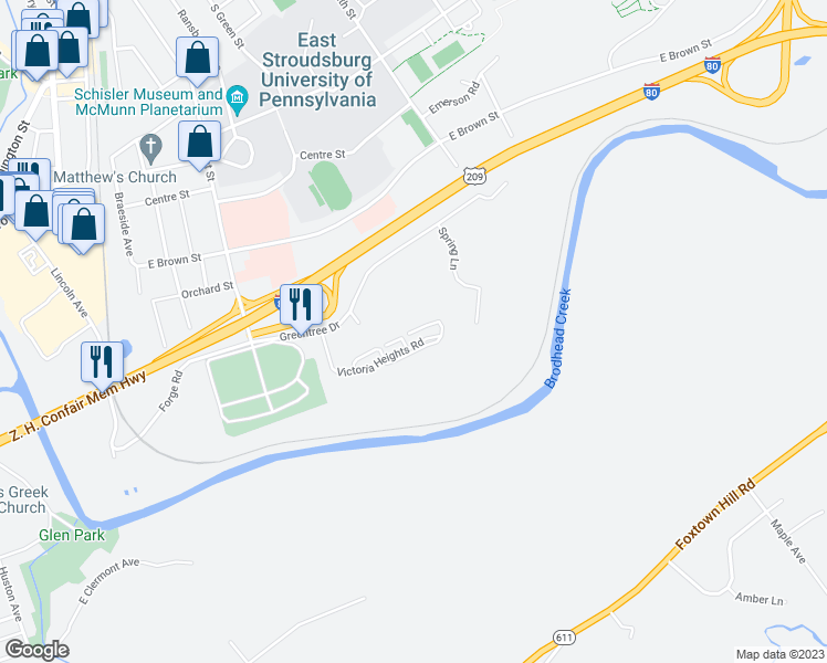 map of restaurants, bars, coffee shops, grocery stores, and more near 23 Prospect Drive in East Stroudsburg