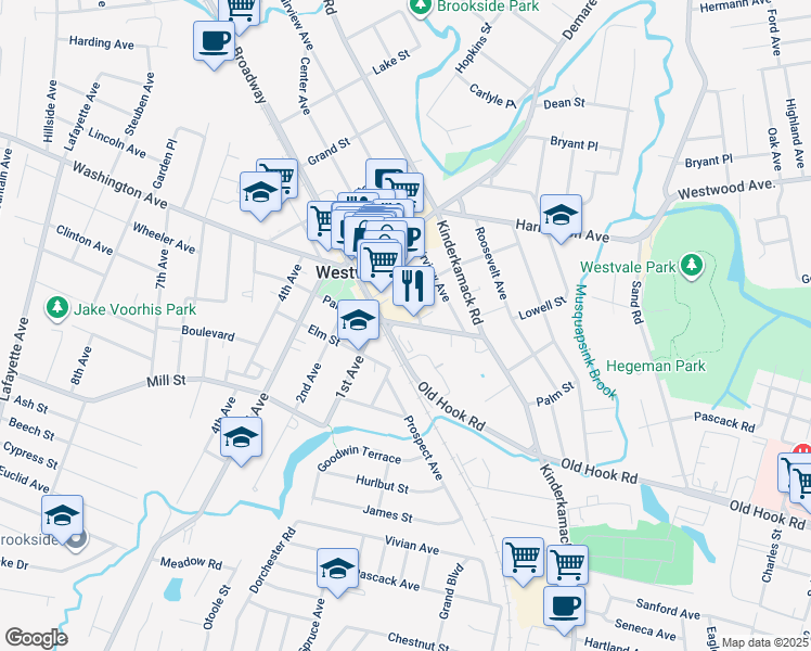 map of restaurants, bars, coffee shops, grocery stores, and more near 21-35 Jefferson Avenue in Westwood