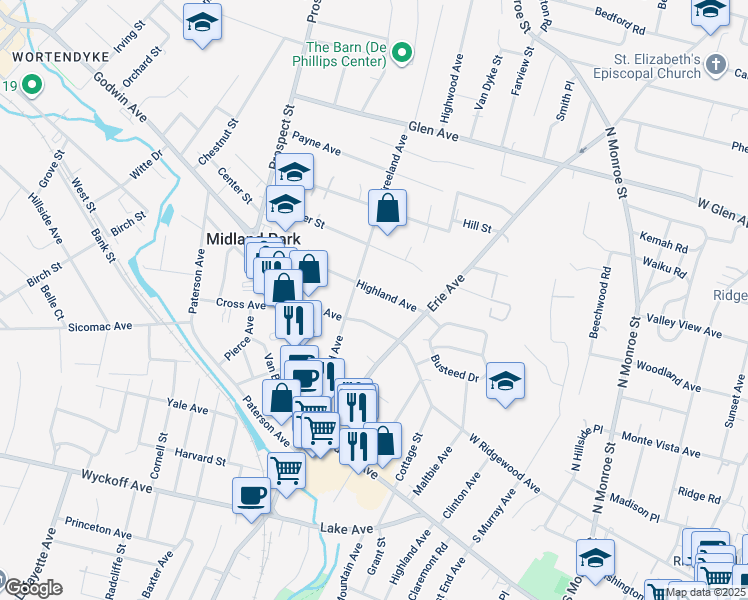 map of restaurants, bars, coffee shops, grocery stores, and more near 124 Franklin Avenue in Midland Park
