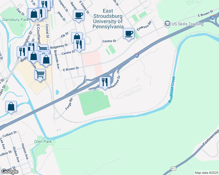 map of restaurants, bars, coffee shops, grocery stores, and more near 320 Greentree Drive in East Stroudsburg