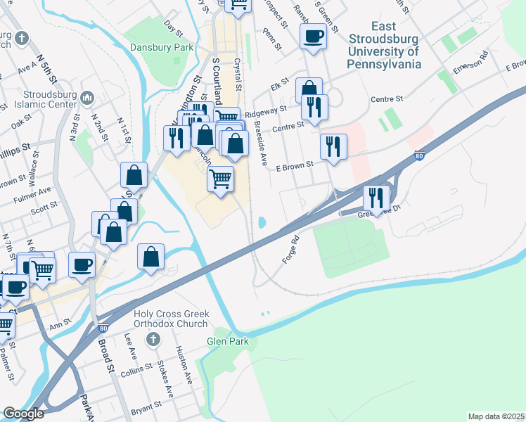 map of restaurants, bars, coffee shops, grocery stores, and more near U.S. 209 in East Stroudsburg