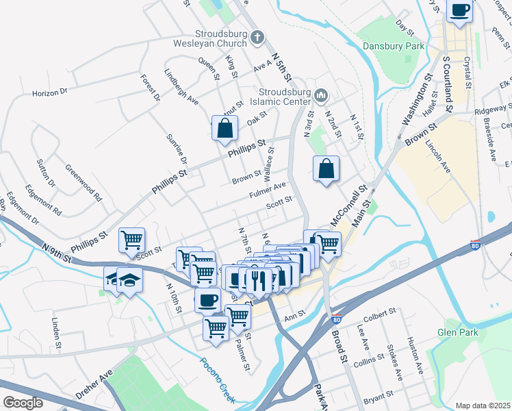map of restaurants, bars, coffee shops, grocery stores, and more near 205 North 6th Street in Stroudsburg
