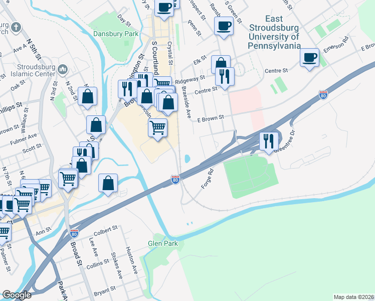 map of restaurants, bars, coffee shops, grocery stores, and more near U.S. 209 in East Stroudsburg