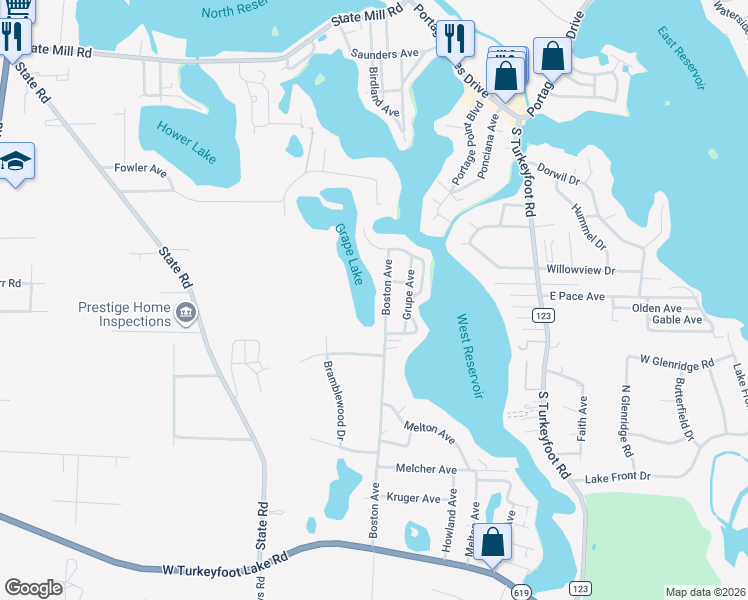 map of restaurants, bars, coffee shops, grocery stores, and more near 3860 Boston Avenue in Akron