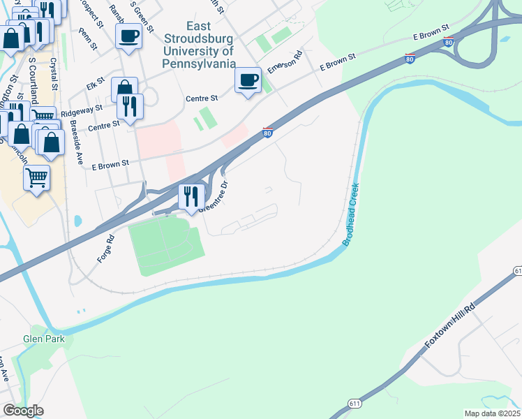map of restaurants, bars, coffee shops, grocery stores, and more near 30 Prospect Hill in East Stroudsburg