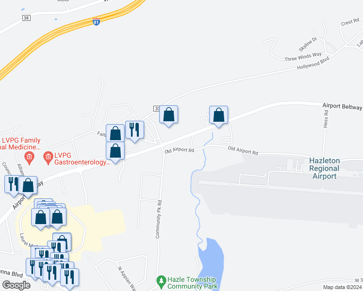 map of restaurants, bars, coffee shops, grocery stores, and more near 5024 Old Airport Road in Luzerne County