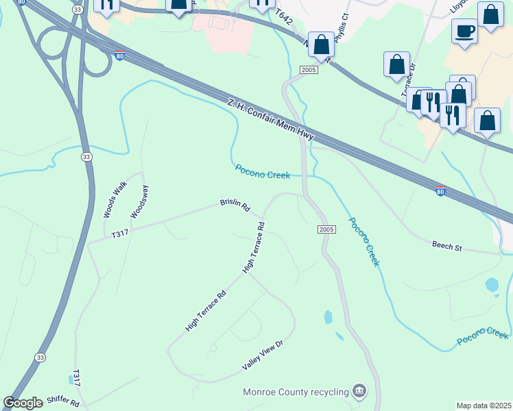 map of restaurants, bars, coffee shops, grocery stores, and more near 5036 High Terrace Road in Stroudsburg