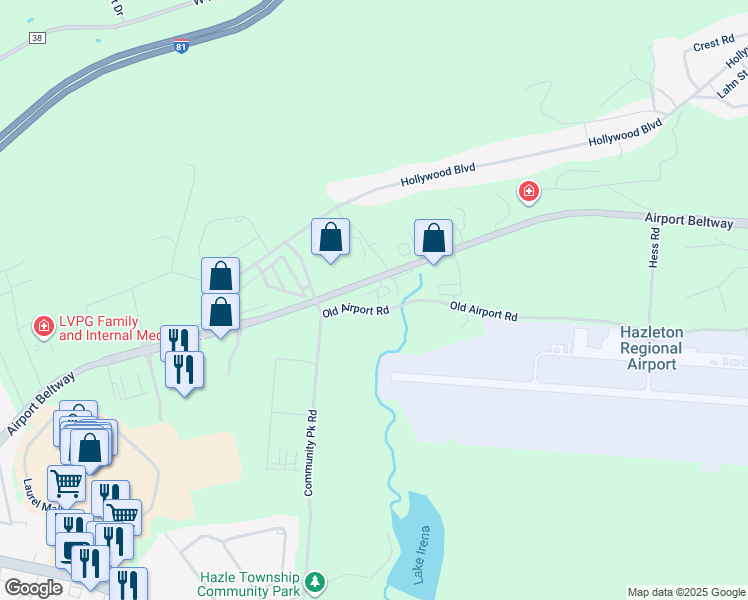 map of restaurants, bars, coffee shops, grocery stores, and more near Old Airport Road in Luzerne County