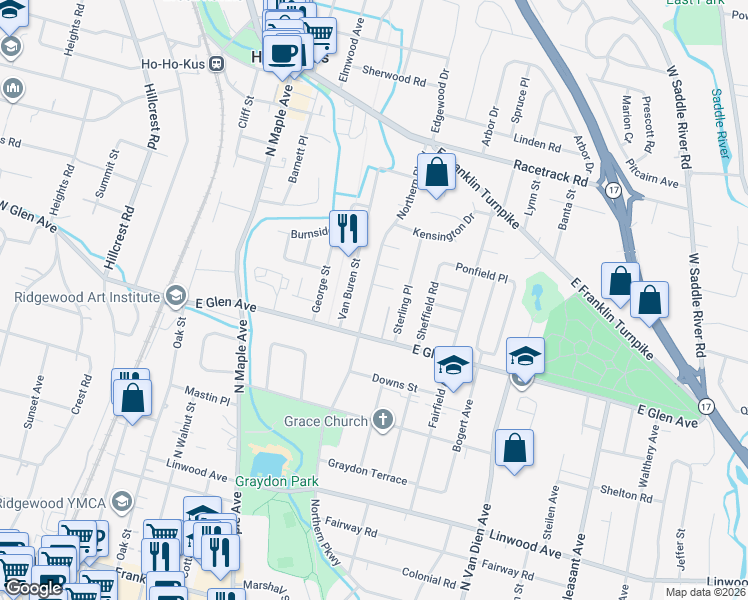map of restaurants, bars, coffee shops, grocery stores, and more near 314 Preston Place in Ridgewood