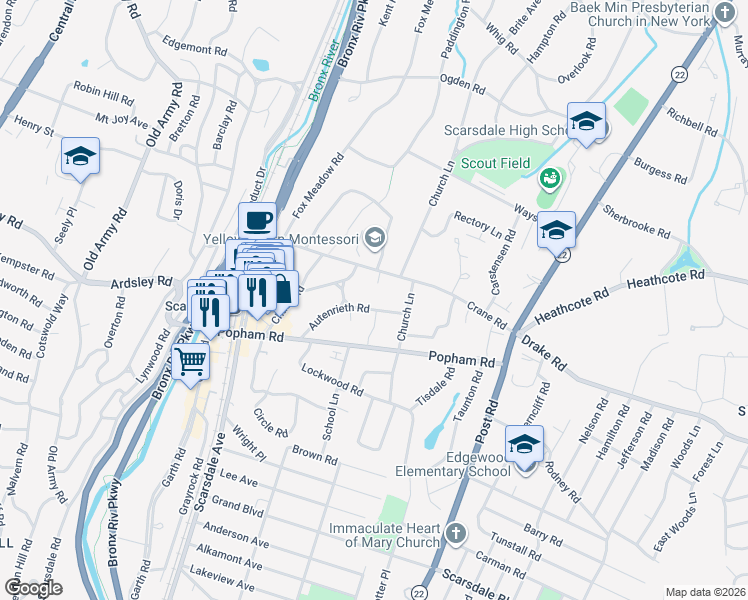 map of restaurants, bars, coffee shops, grocery stores, and more near 32 Crane Road in Scarsdale