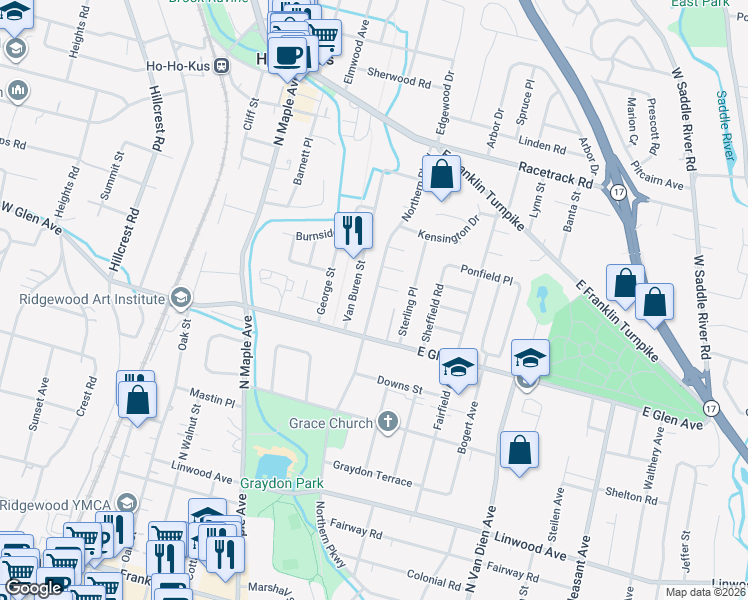 map of restaurants, bars, coffee shops, grocery stores, and more near 450 Van Buren Street in Ridgewood