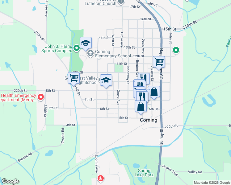 map of restaurants, bars, coffee shops, grocery stores, and more near 801-899 9th Street in Corning