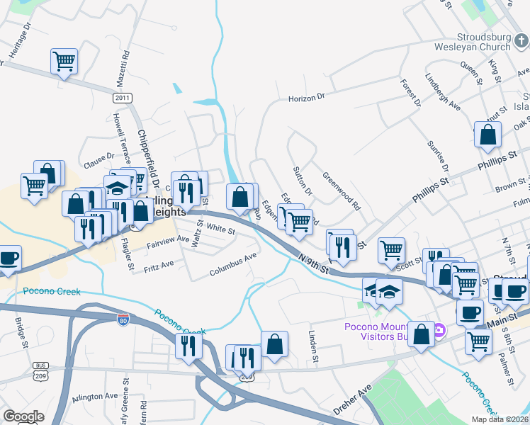 map of restaurants, bars, coffee shops, grocery stores, and more near Northgate Rd in Stroudsburg