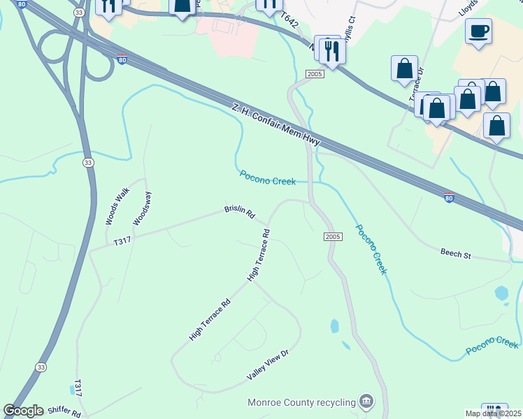 map of restaurants, bars, coffee shops, grocery stores, and more near 5036 High Terrace Road in Stroudsburg