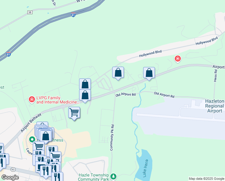 map of restaurants, bars, coffee shops, grocery stores, and more near 168 Airport Road in Hazleton