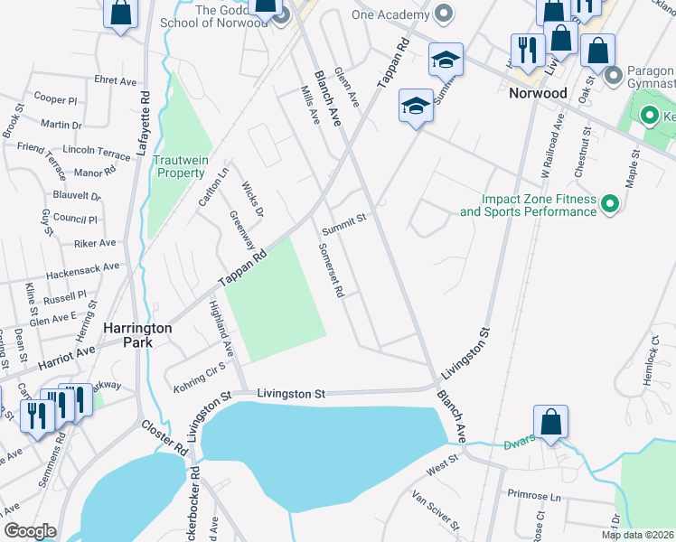 map of restaurants, bars, coffee shops, grocery stores, and more near 107 Kensington Avenue in Norwood
