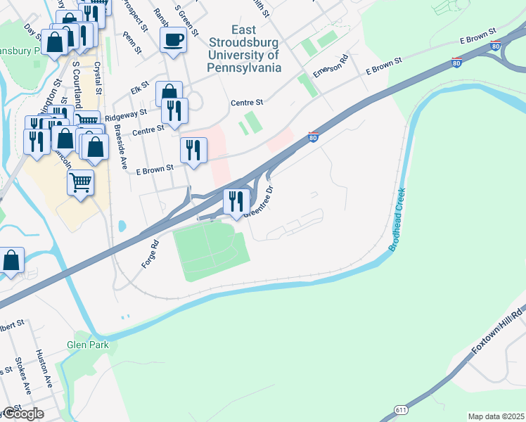 map of restaurants, bars, coffee shops, grocery stores, and more near 132 Eaglesmere Circle in East Stroudsburg