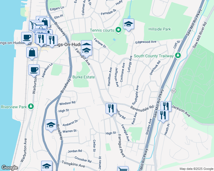 map of restaurants, bars, coffee shops, grocery stores, and more near in Hastings-on-Hudson