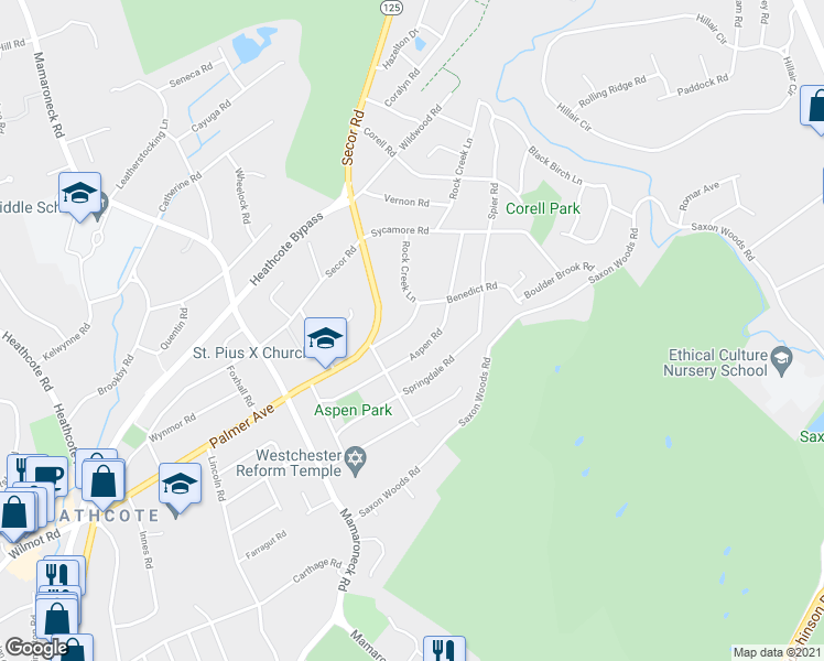 map of restaurants, bars, coffee shops, grocery stores, and more near 18 Benedict Road in Scarsdale