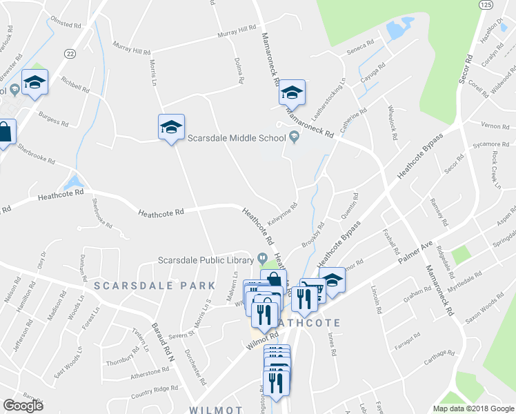 map of restaurants, bars, coffee shops, grocery stores, and more near 109 Birchall Drive in Scarsdale