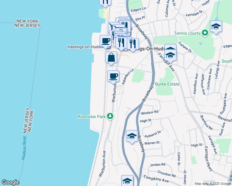 map of restaurants, bars, coffee shops, grocery stores, and more near 20 Marble Terrace in Hastings-on-Hudson