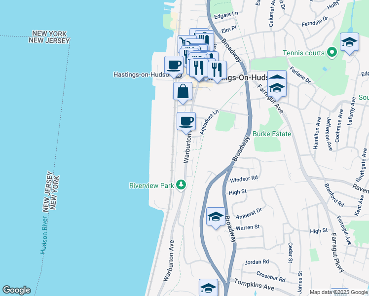 map of restaurants, bars, coffee shops, grocery stores, and more near in Hastings-on-Hudson
