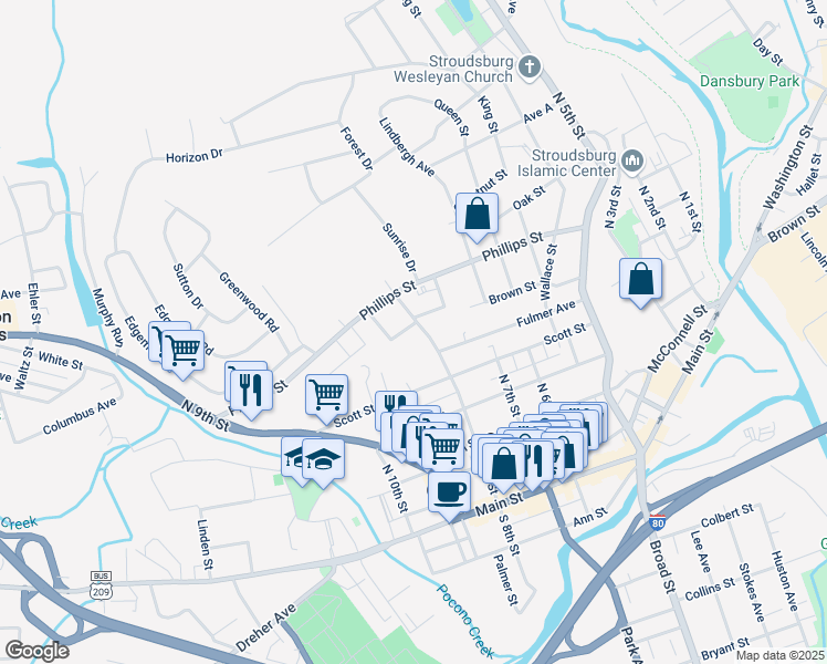 map of restaurants, bars, coffee shops, grocery stores, and more near 463 North 8th Street in Stroudsburg